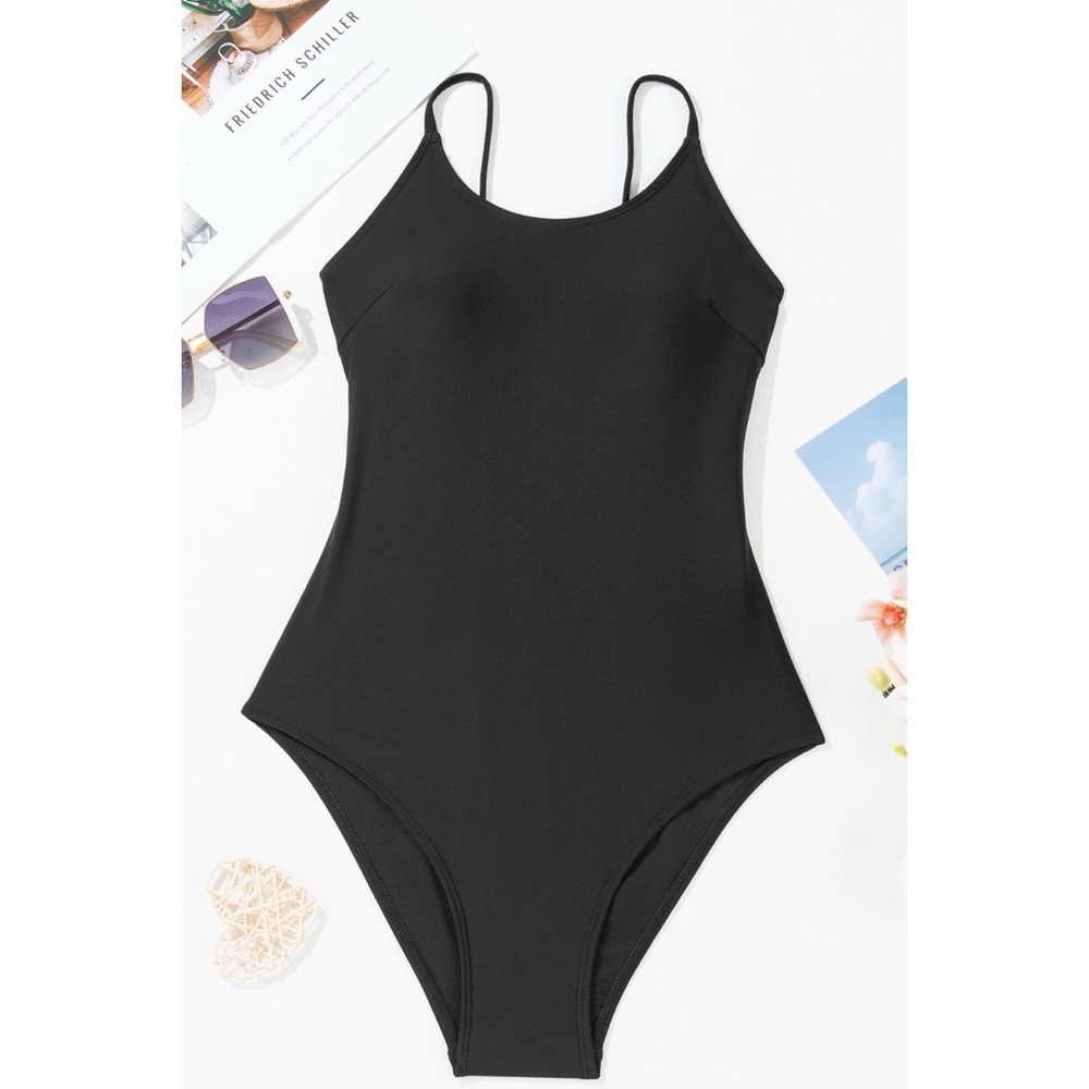 Black Thin Strap Strappy Lace-up Open Back One Piece Swimsuit - Picture 3 of 4